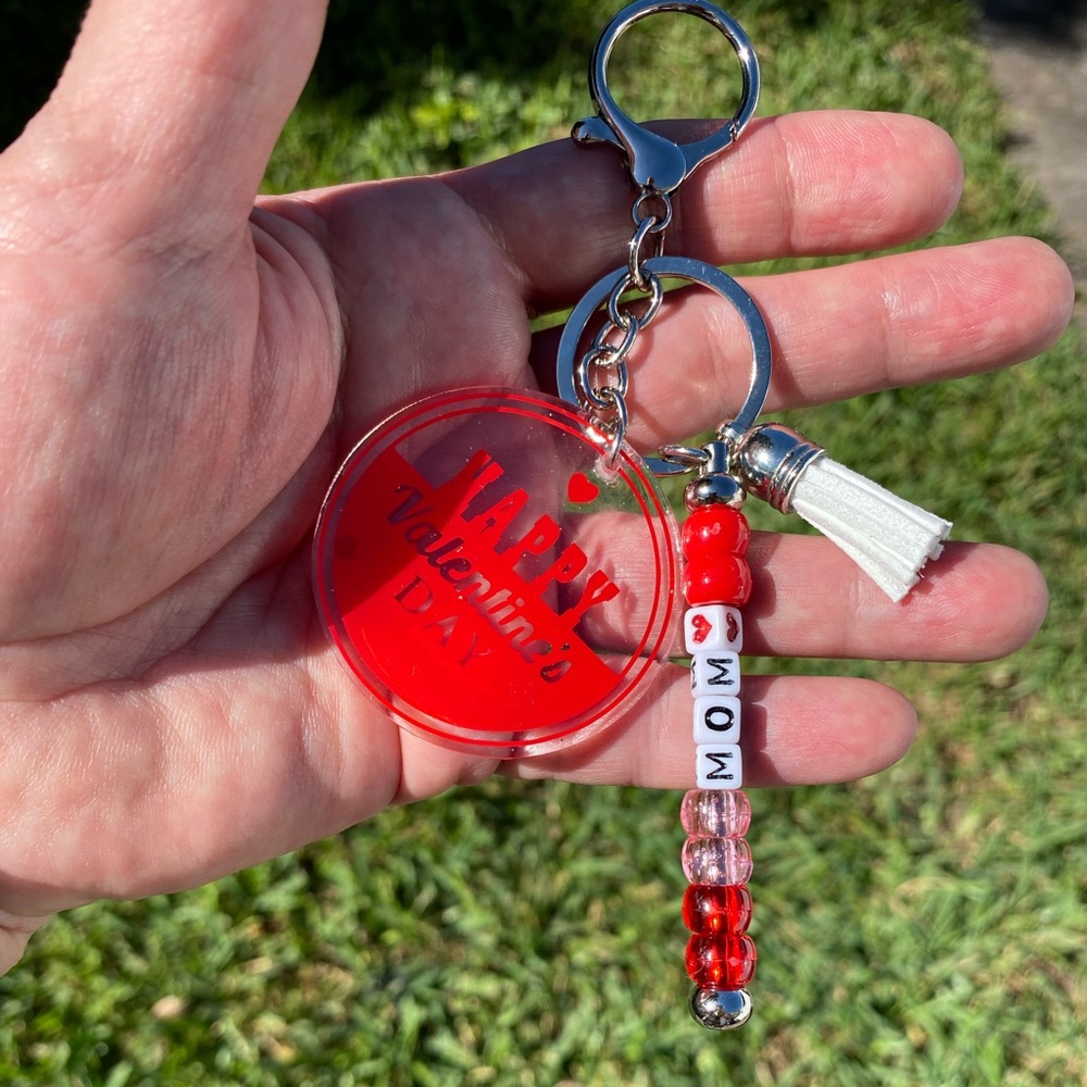 Mom Red Valentine's Day Keychain with Beads and Tassel